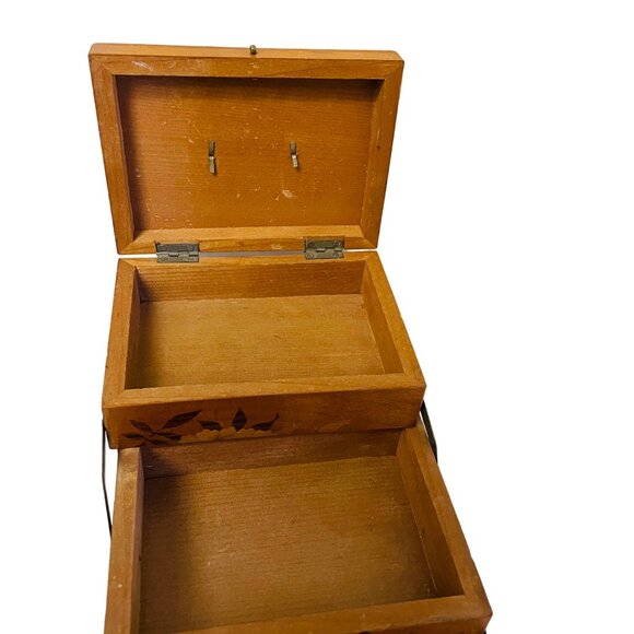 Vintage Wooden Expandable Sewing Box With Floral Design Hinged Lid 3 Tears 4 1/2 - Picture 7 of 11